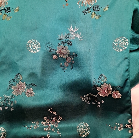 VTG 60's Turquoise Asian Style Chinese Dress/Coat/Robe/Silk Embroidered 44 Flaws - Picture 6 of 13